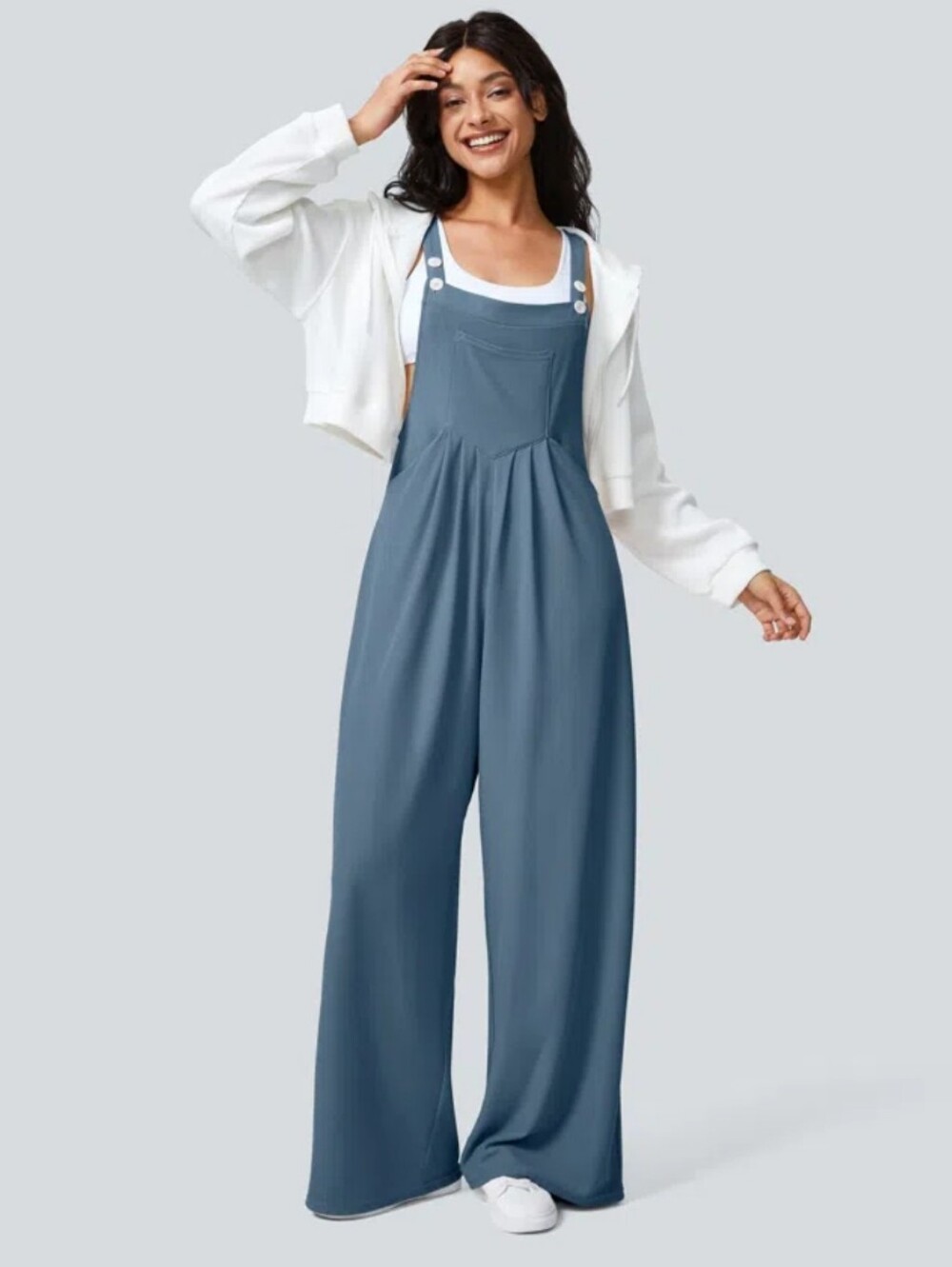 Halara Pockets Waffle Casual Overalls Full Length Mountain Spring Blue Medium